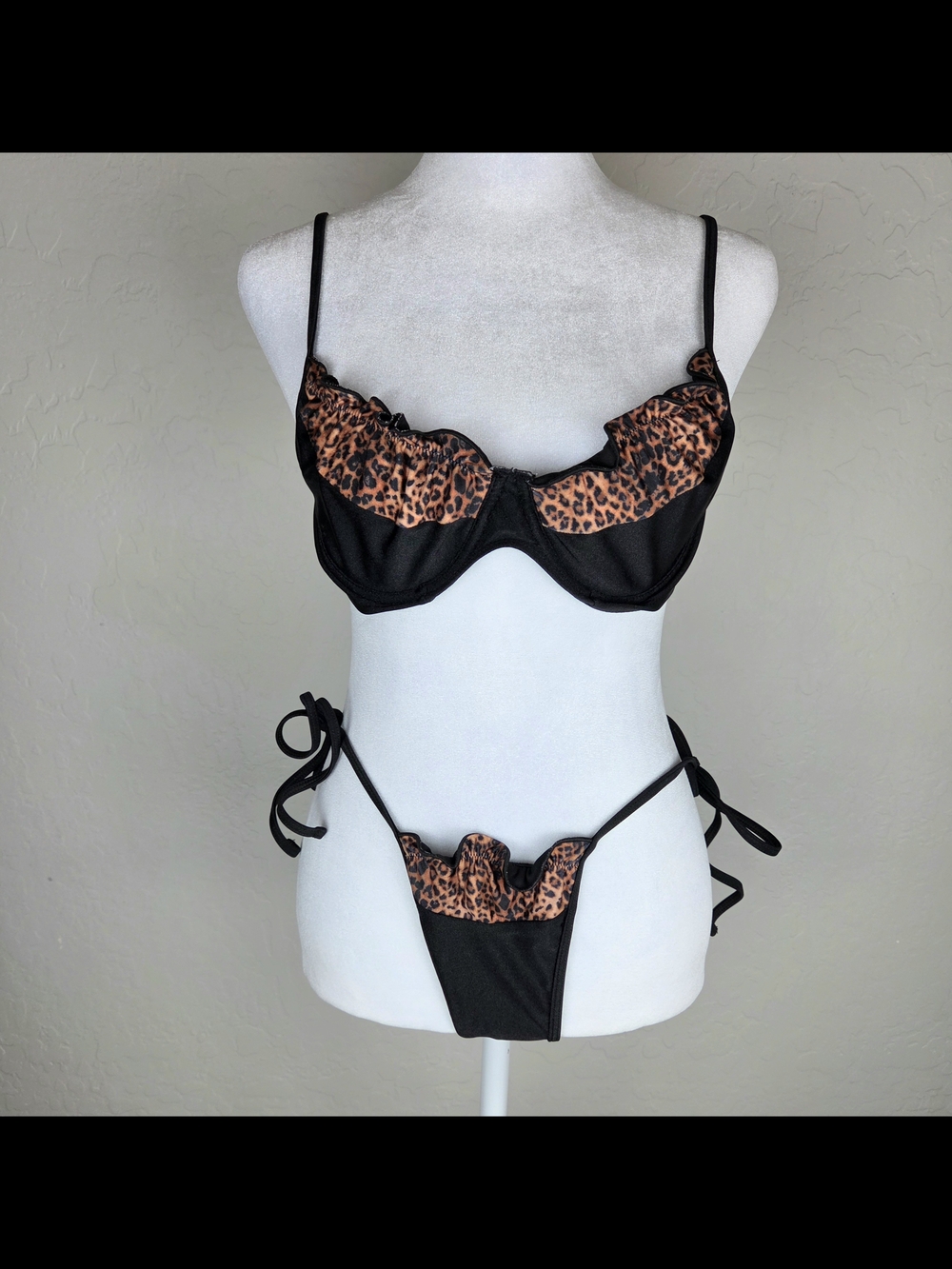 Fashion Nova Black Bikini Set with Leopard Ruffle Accents